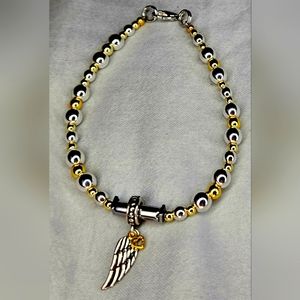 Silver and Gold Angel Heart Wing Charm Genuine Hematite Bracelet